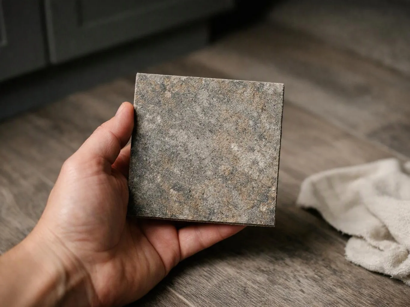 A hand holds a square gray stone tile over a wood floor beside a crumpled cloth