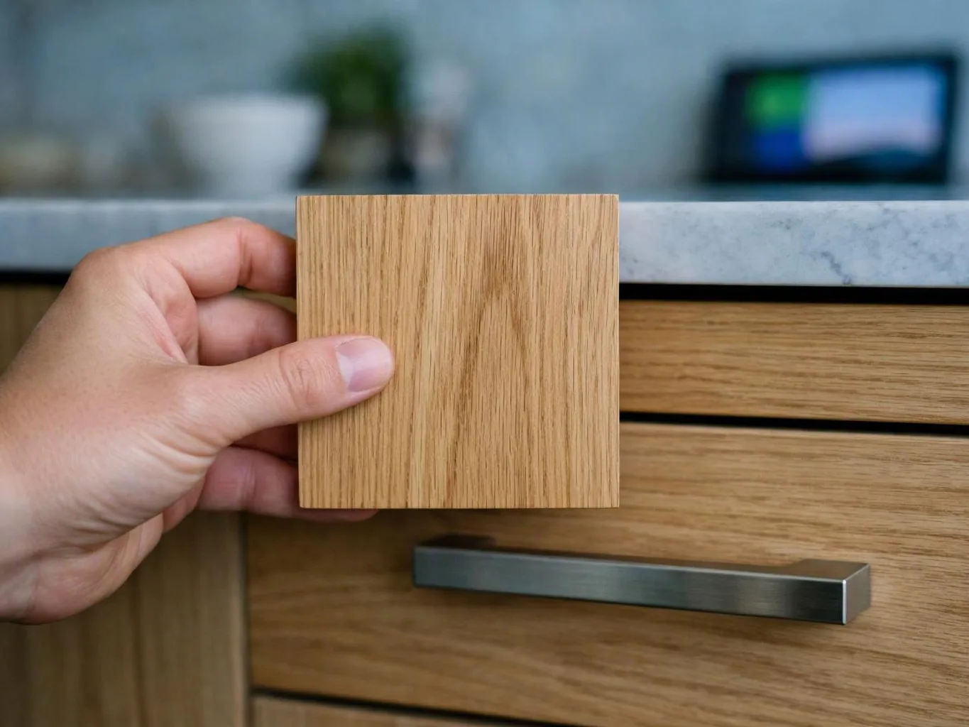 A hand holds a square wood sample against a matching wood drawer front with a metal handle