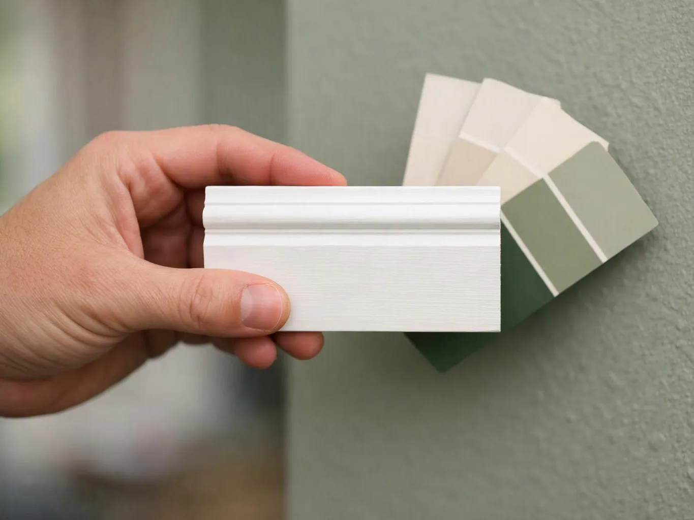 A hand holds a white trim sample beside several paint swatches on a wall