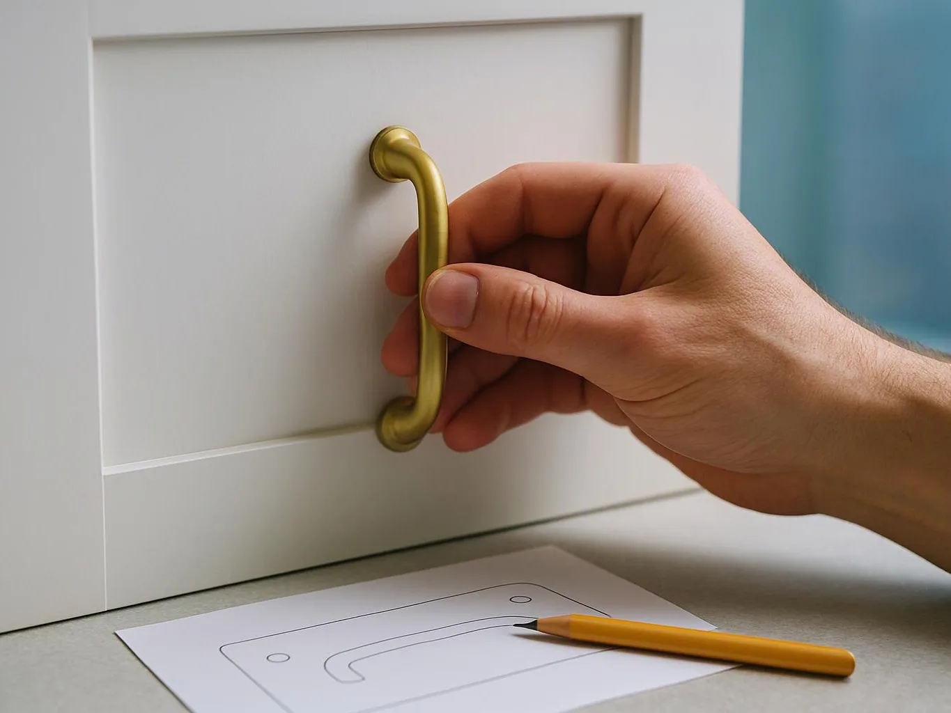 A hand opens a white cabinet door with a brass handle beside a pencil and paper sketch