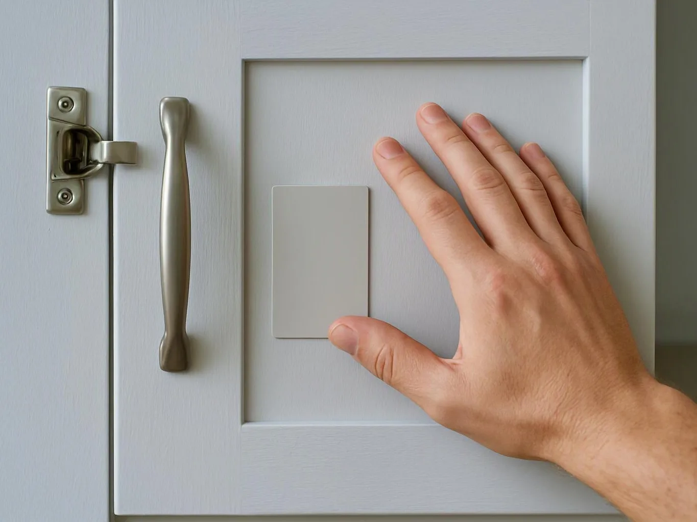 A hand touches a blank cabinet door beside a metal handle and latch on a light gray surface