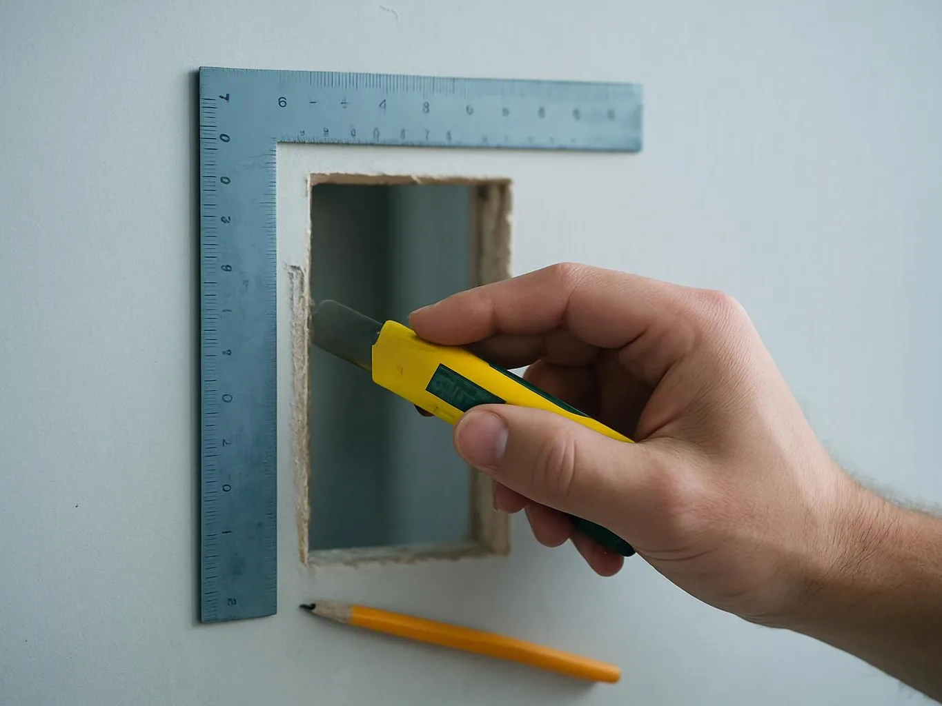 A hand uses a utility knife beside a measured wall cutout, with a pencil and metal ruler nearby