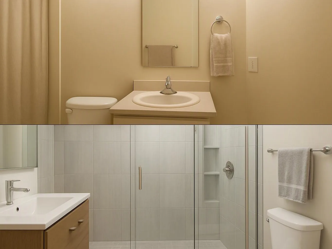 A beige bathroom with a sink, toilet, mirror, and towel sits above a tiled shower and vanity
