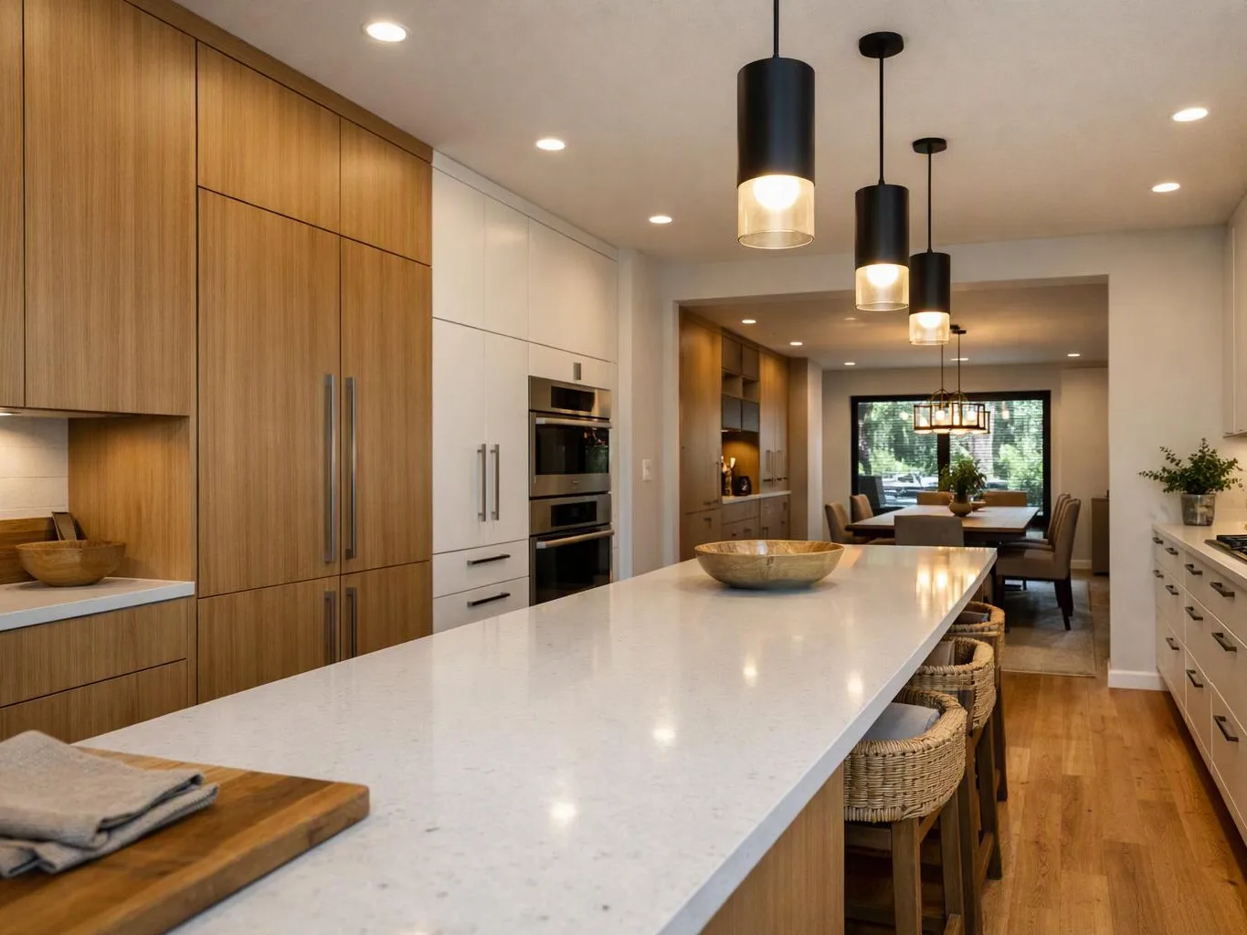 A modern kitchen with a long white island, wood cabinets, pendant lights, and a dining area beyond