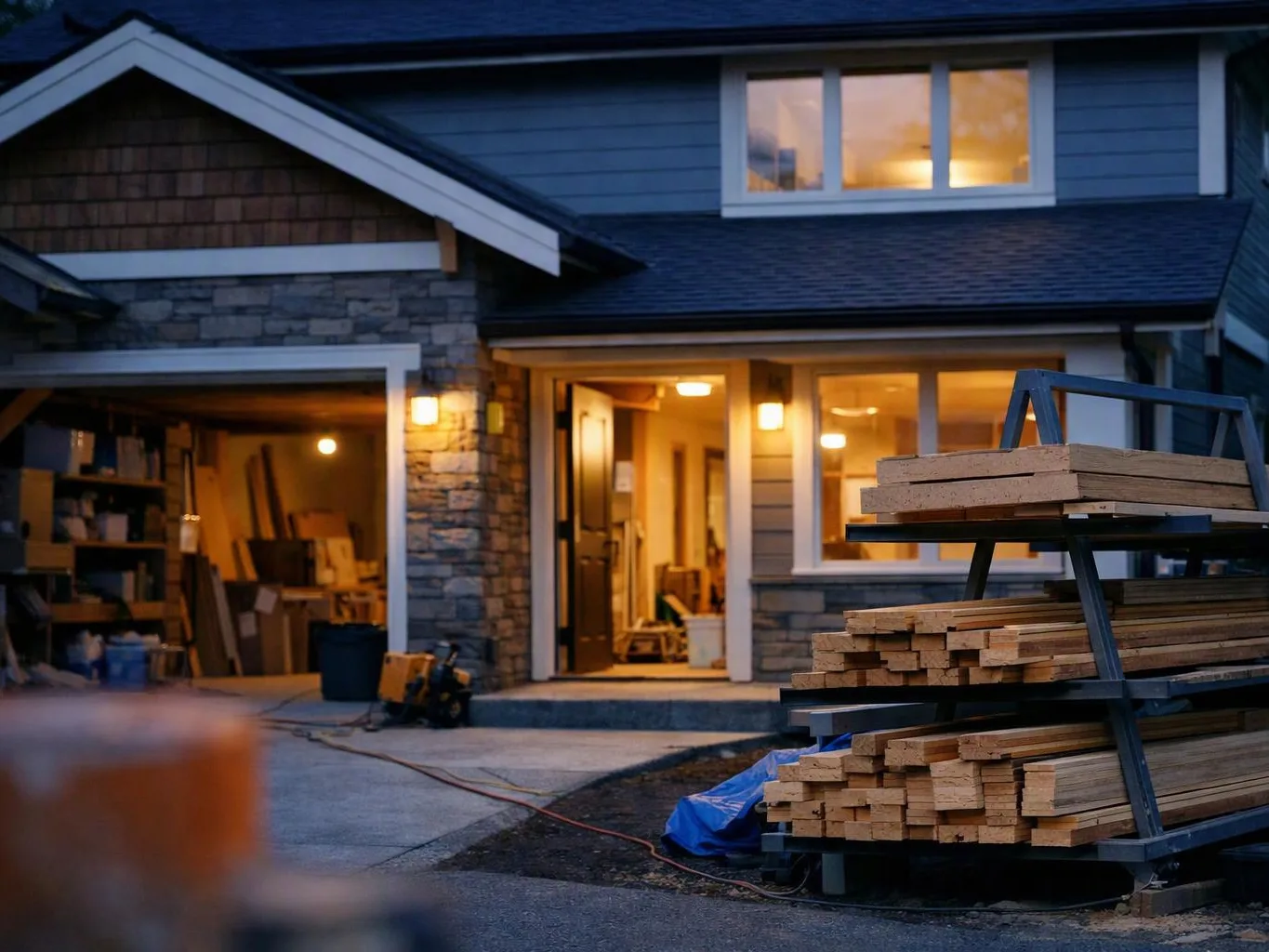 A house at dusk shows an open garage, lit entry, and stacks of lumber on a metal rack