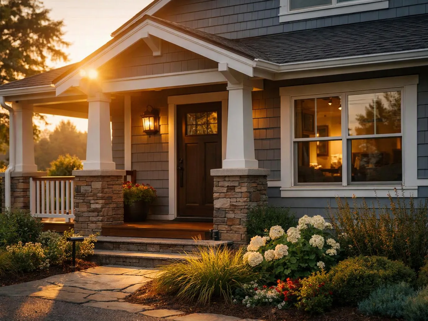 A house porch glows at sunset, with stone steps, white columns, a dark front door, and a flowered garden