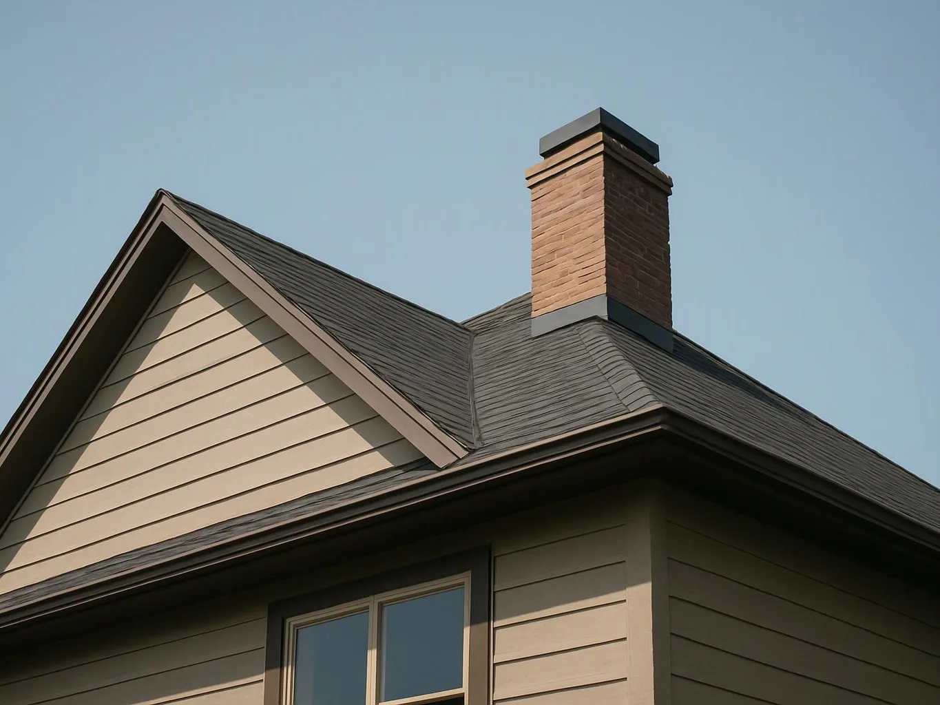 A house roof with a brick chimney rises against a clear blue sky