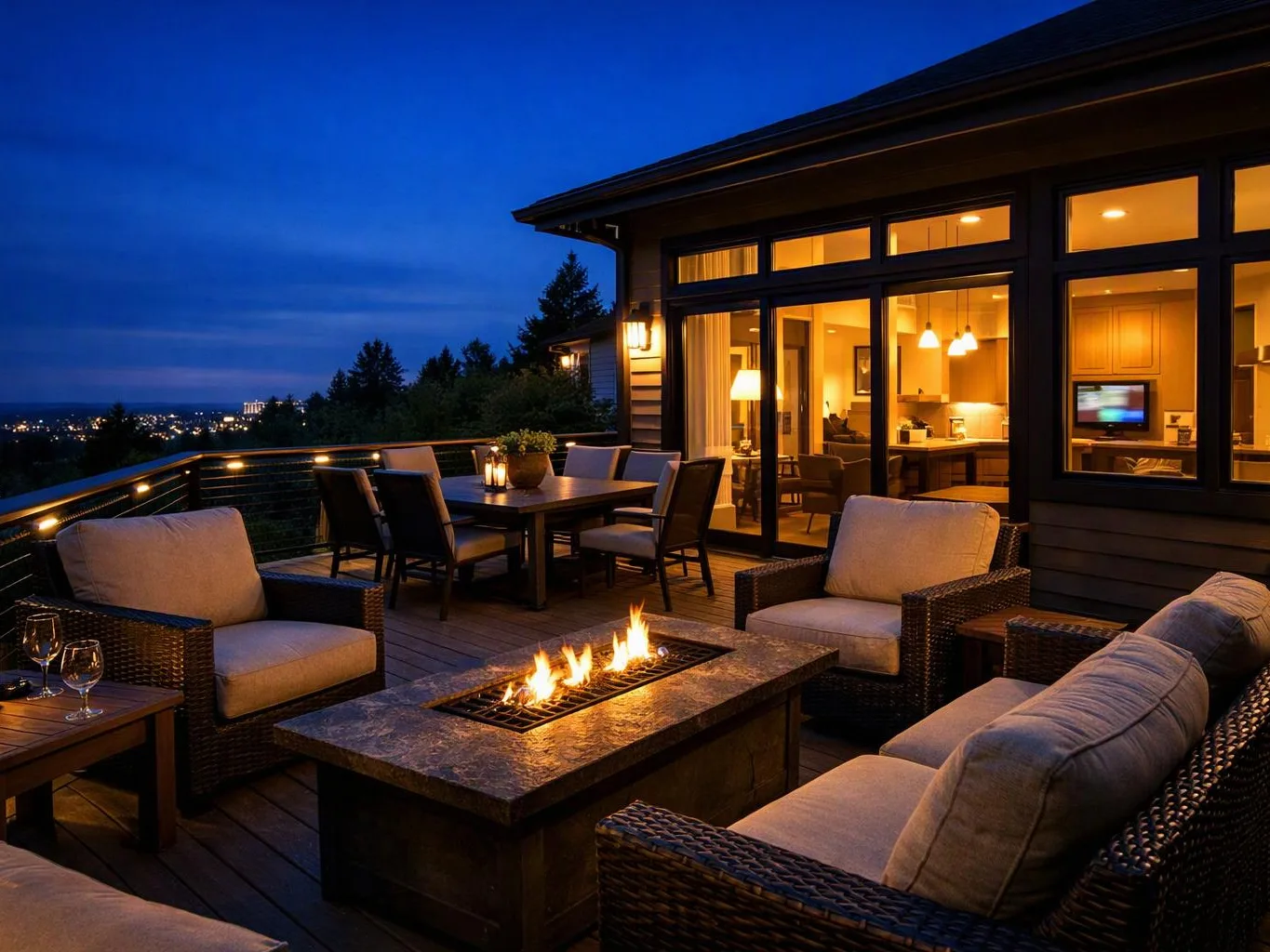 A lit patio with wicker seating surrounds a fire pit beside a glowing house at dusk