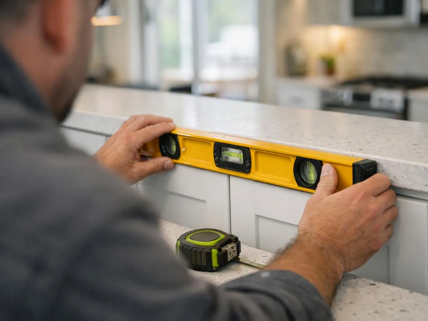 A man aligns a yellow spirit level on a kitchen cabinet beside a countertop