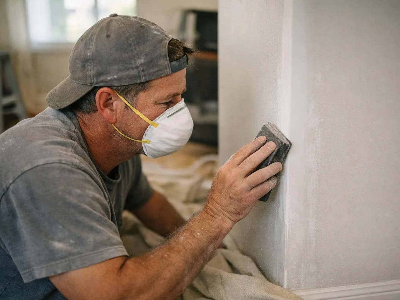 A man in a backward cap and mask sands a wall with a handheld block in a room under renovation