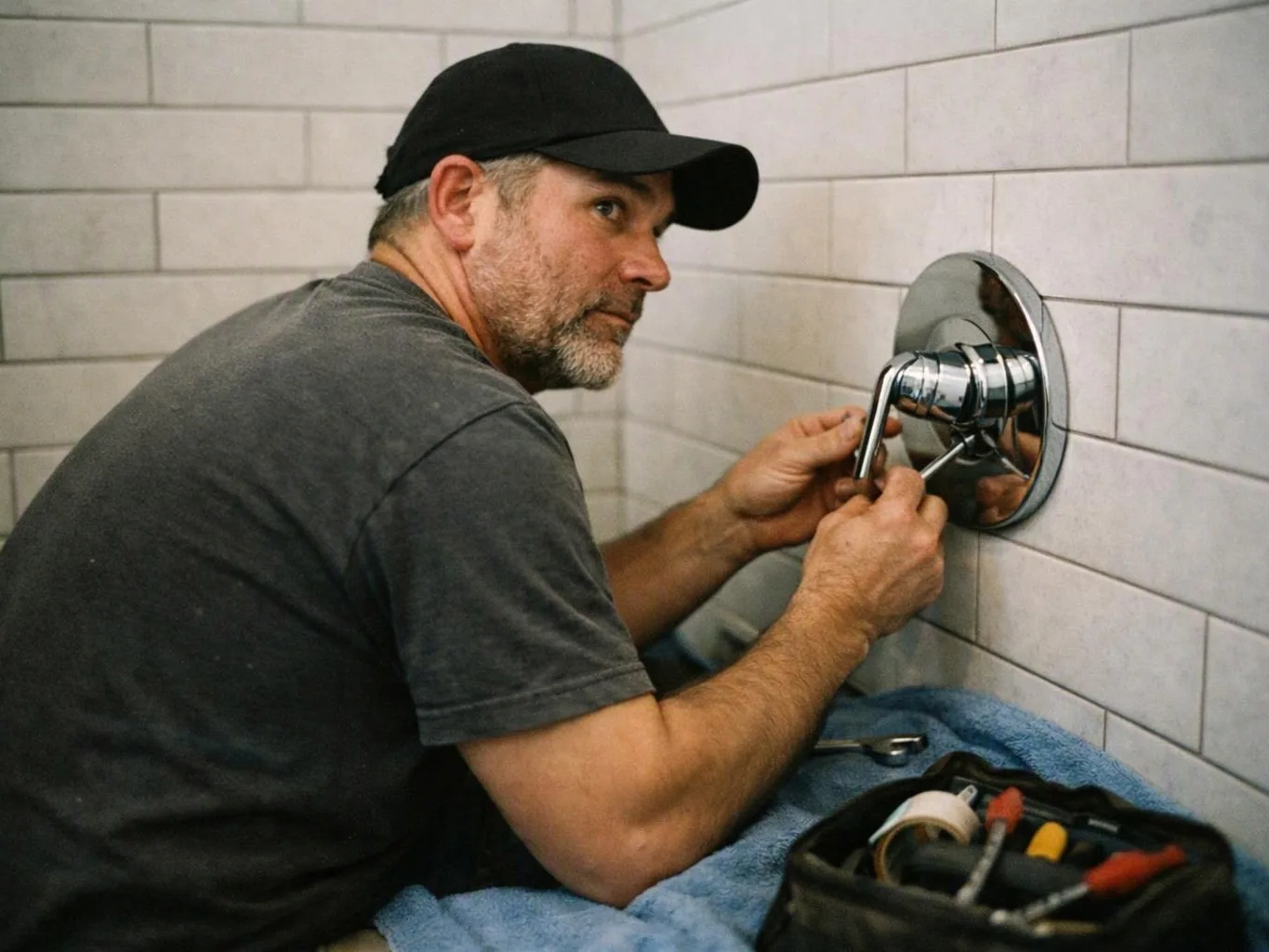 A man in a black cap repairs a chrome shower fixture on a tiled wall