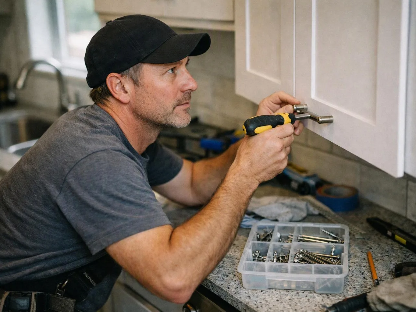 A man in a black cap tightens a cabinet handle with a screwdriver in a kitchen