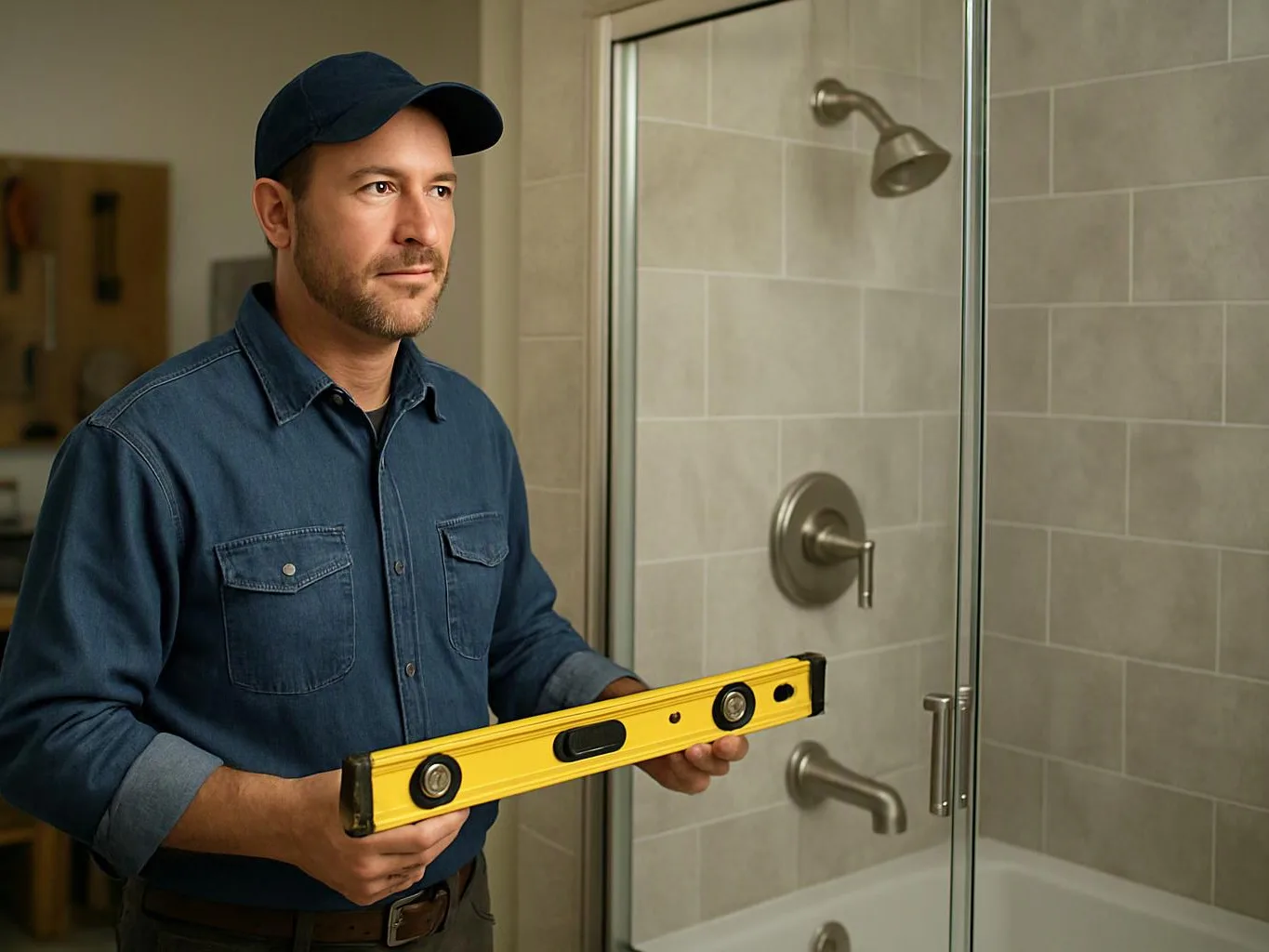 A man in a blue shirt and cap holds a yellow level beside a glass shower stall in a tiled bathroom