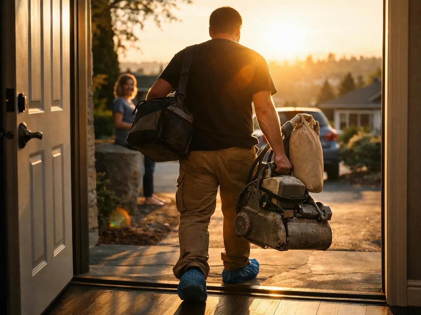 A man in blue shoe covers carries a duffel bag and lawn mower parts out through an open doorway at sunset