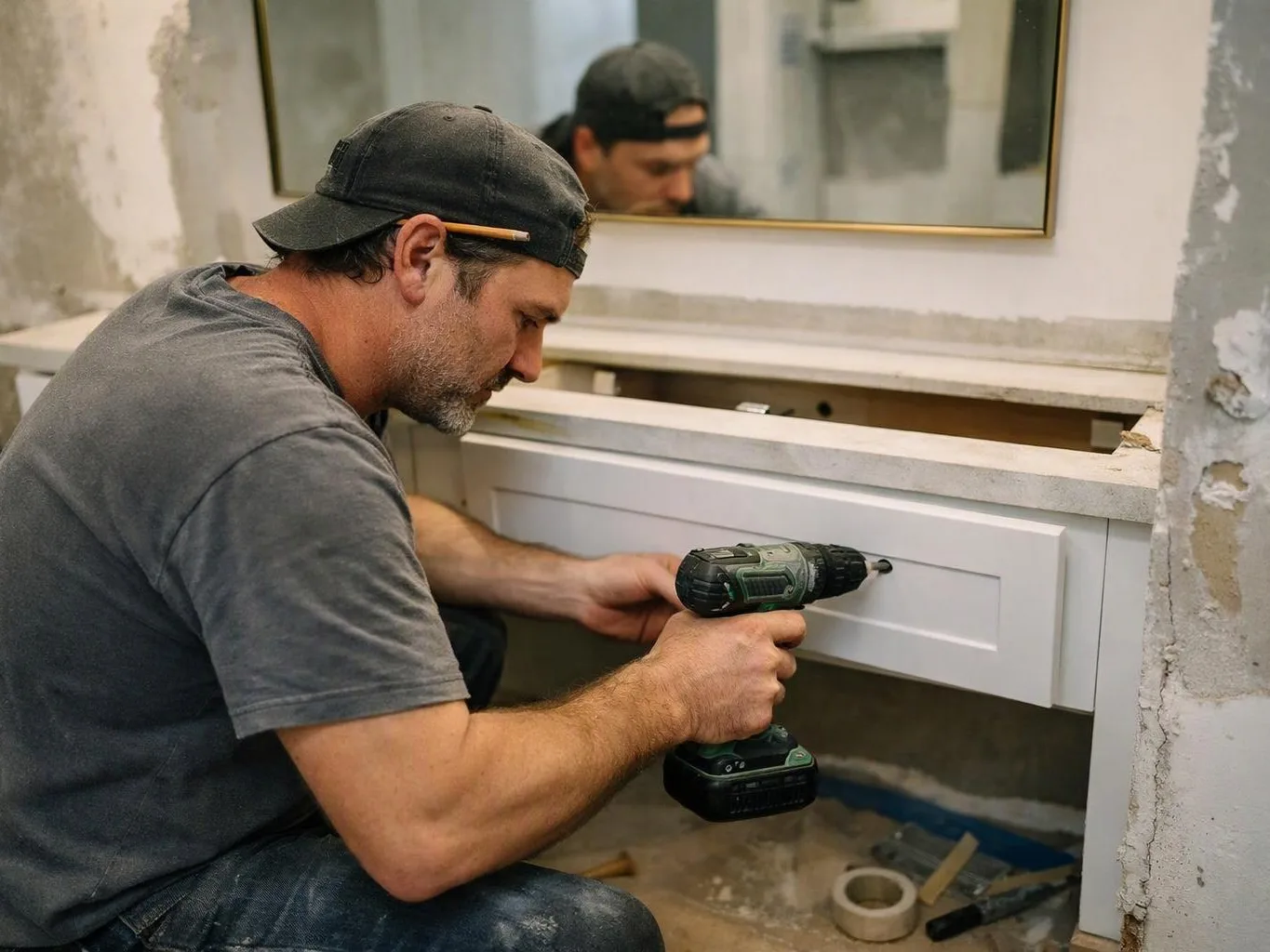 A man in a cap drills a cabinet front in a unfinished bathroom, with a mirror behind him