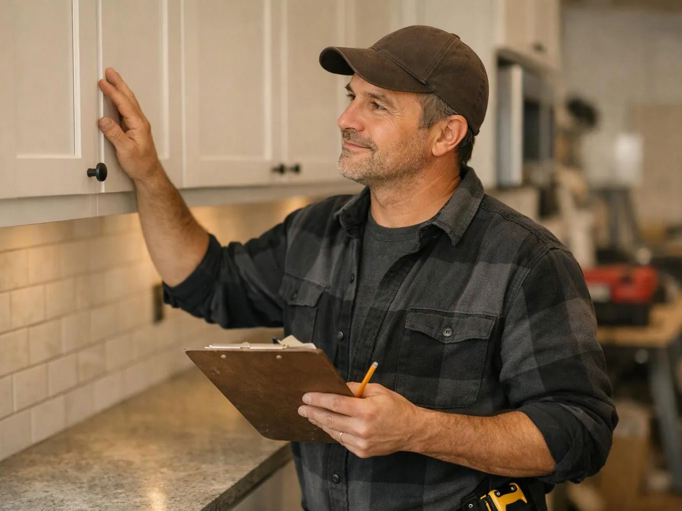 A man in a cap inspects kitchen cabinets while holding a clipboard and pencil in a bright kitchen