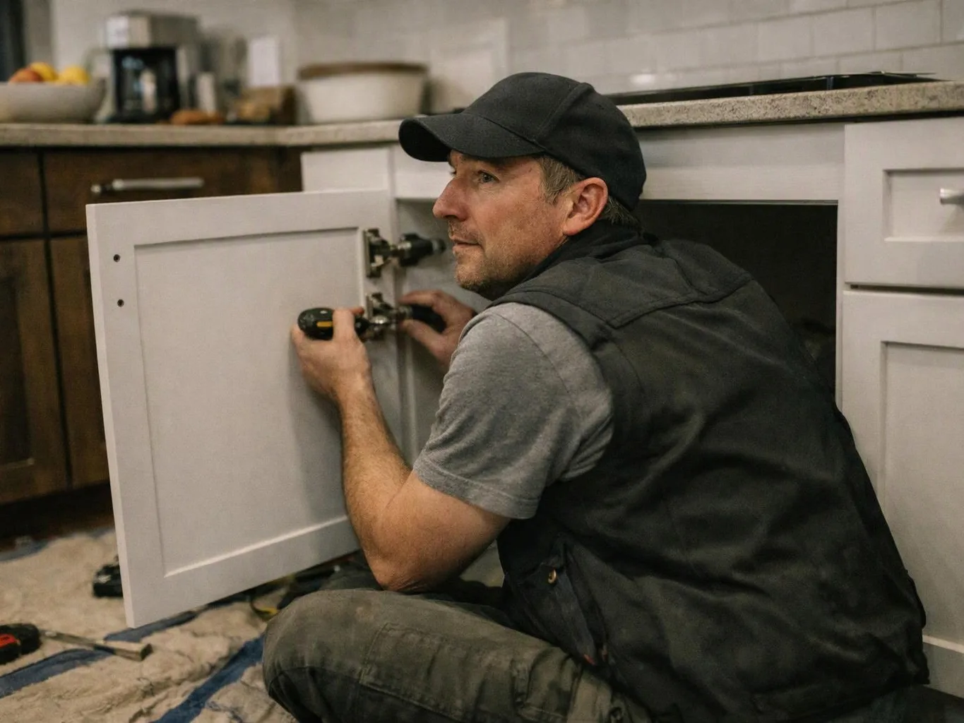 A man in a cap installs cabinet hinges while kneeling on a kitchen floor