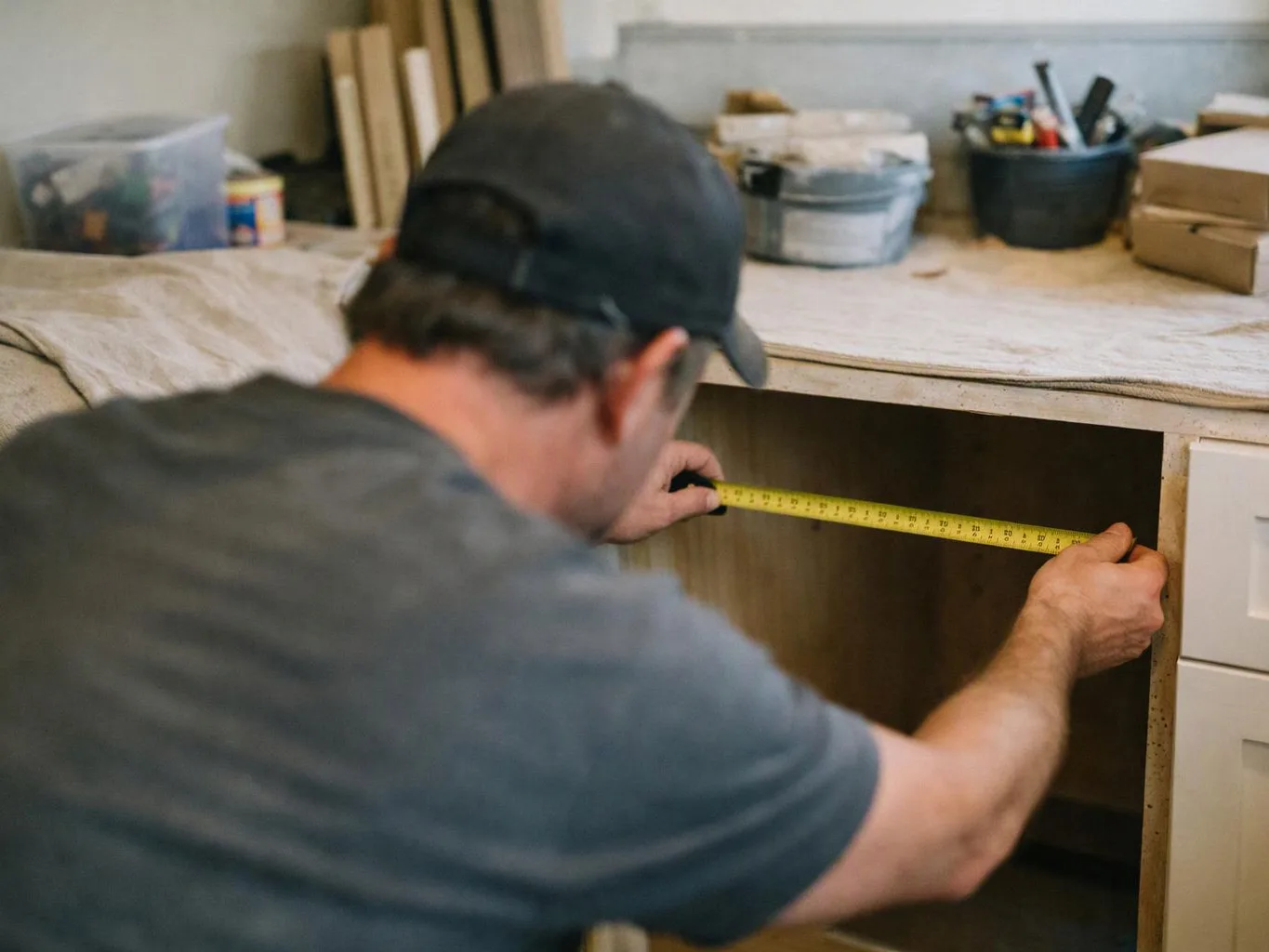 A man in a cap measures the inside of an open cabinet with a yellow tape measure in a workshop