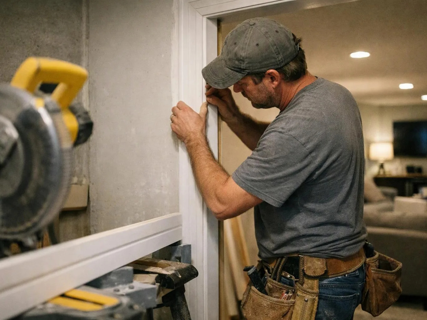 A man in a cap measures a white door frame inside a room with tools nearby