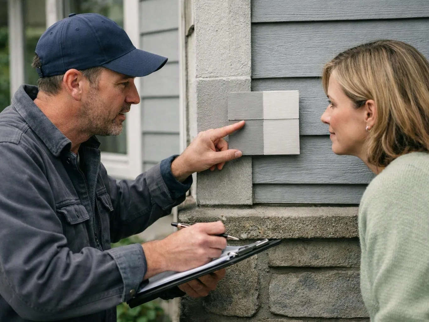 A man in a cap points at siding samples while holding a clipboard and talking with a woman outside a house