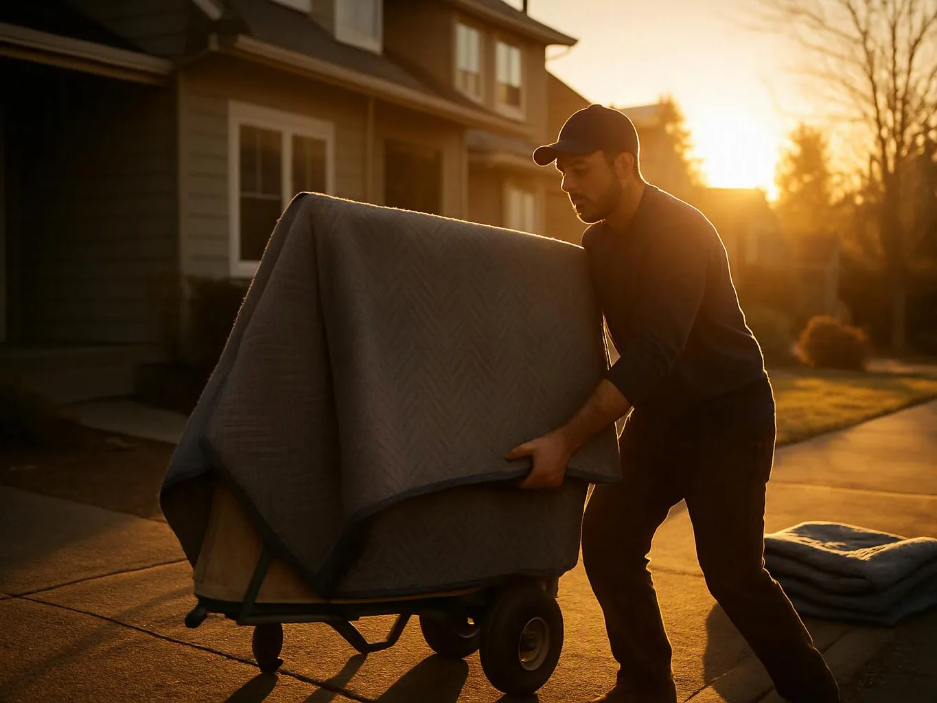 A man in a cap pushes a furniture dolly covered by a gray moving blanket along a sunlit driveway at sunset
