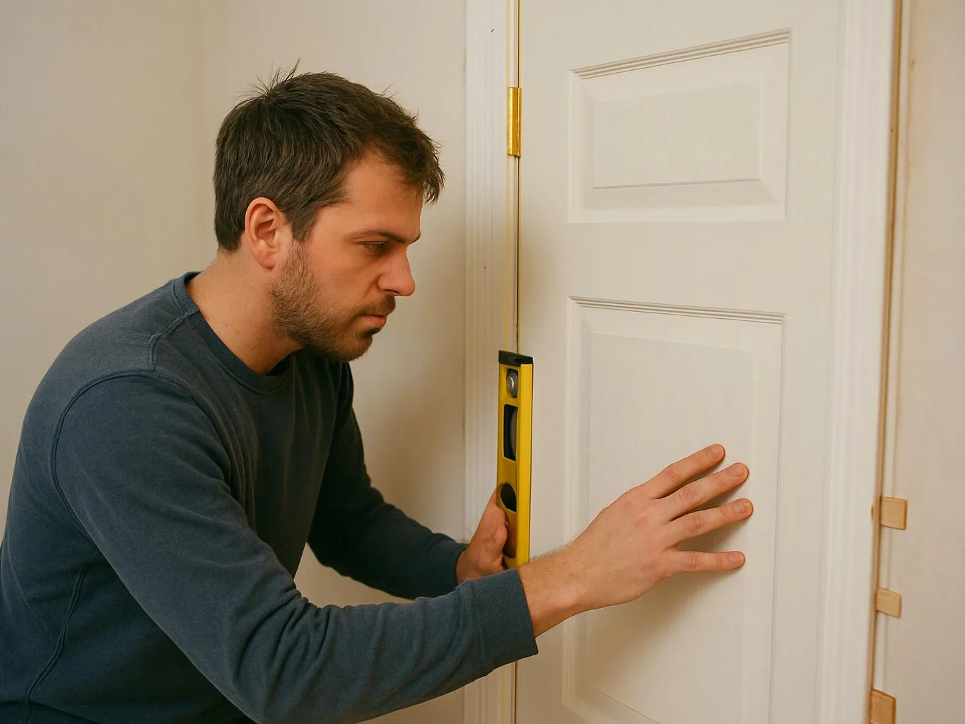 A man checks a level on a white door while holding it in place indoors