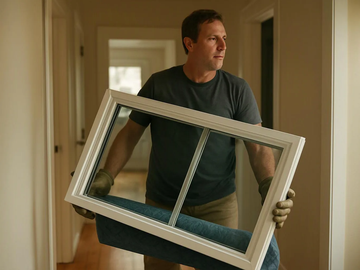 A man in gloves carries a large white window frame through a hallway