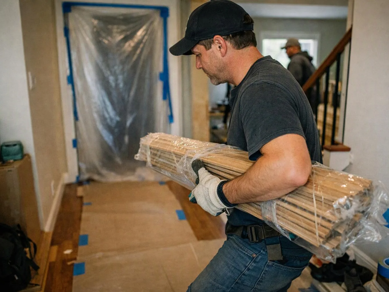 A man in gloves carries a wrapped bundle of wood through a house under renovation