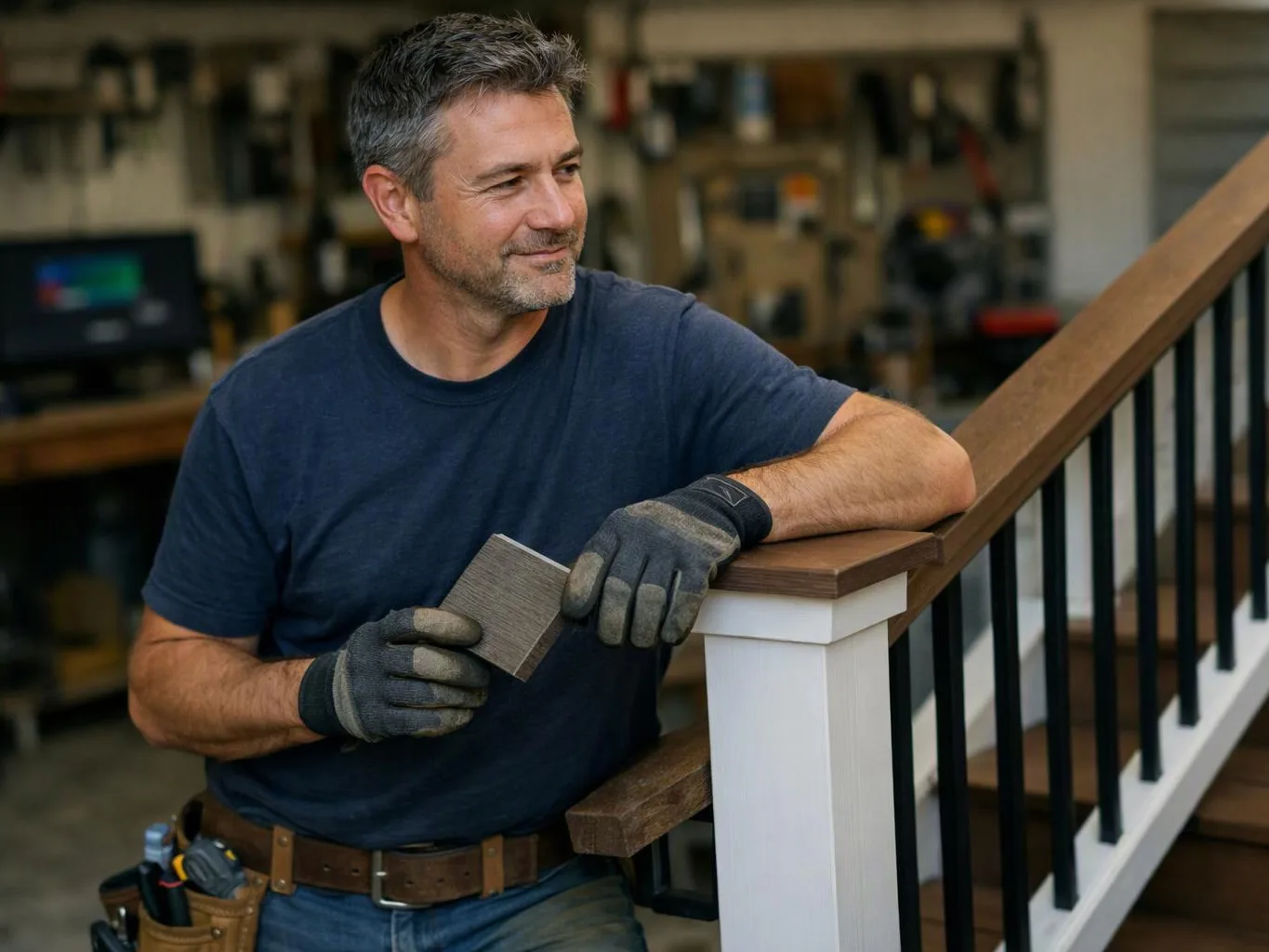 A man in gloves holds a wood sample while leaning on a staircase railing in a workshop