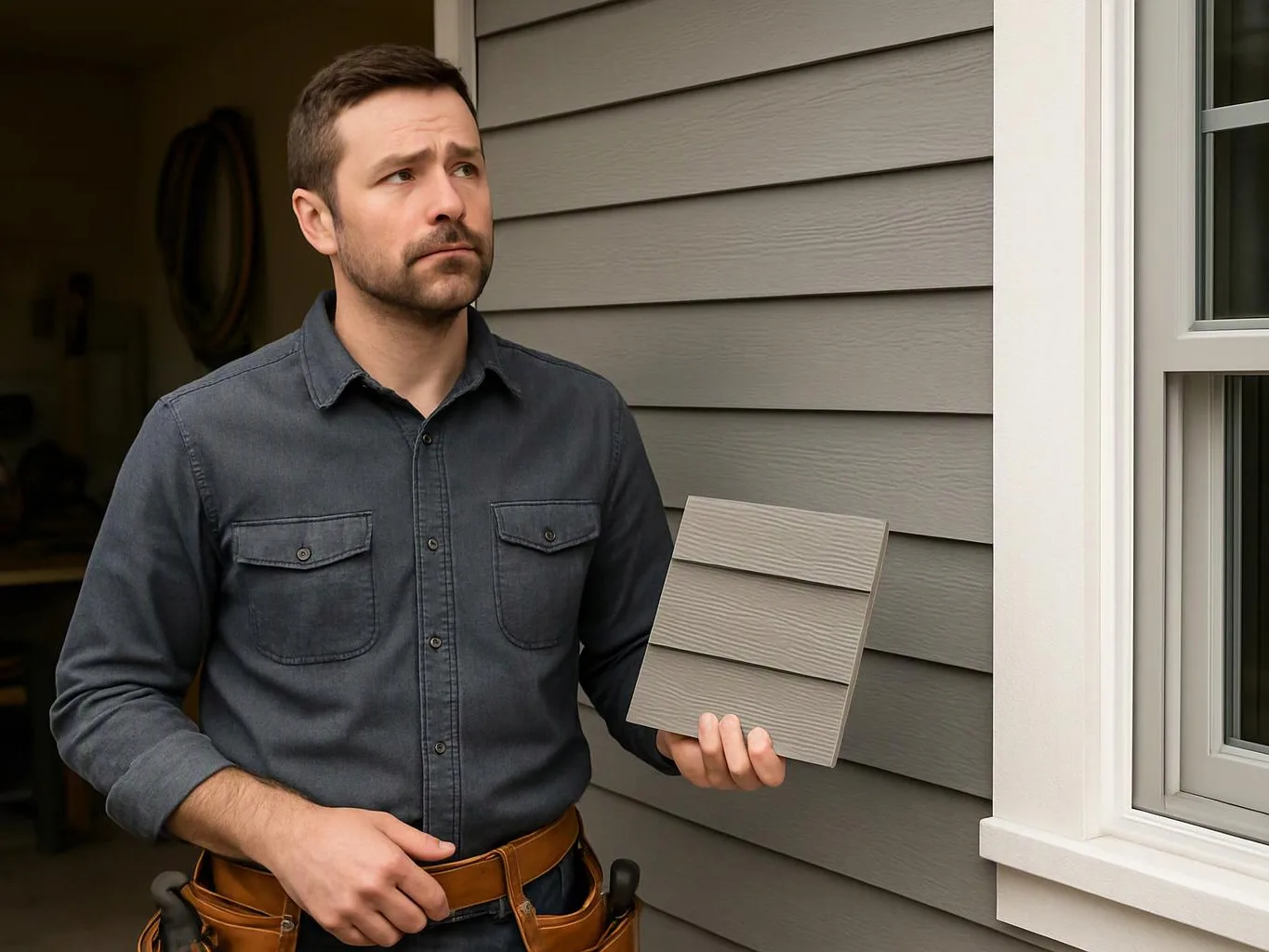 A man in a gray shirt studies a siding sample beside a house window