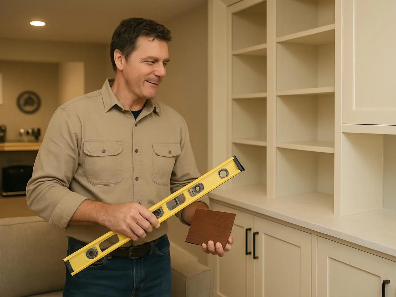 A man holds a yellow level and a wood sample beside empty built-in shelves in a beige room