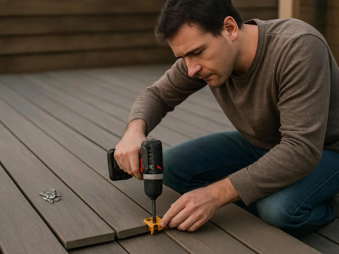 A man kneels on a deck, drilling a yellow bracket into gray floor boards