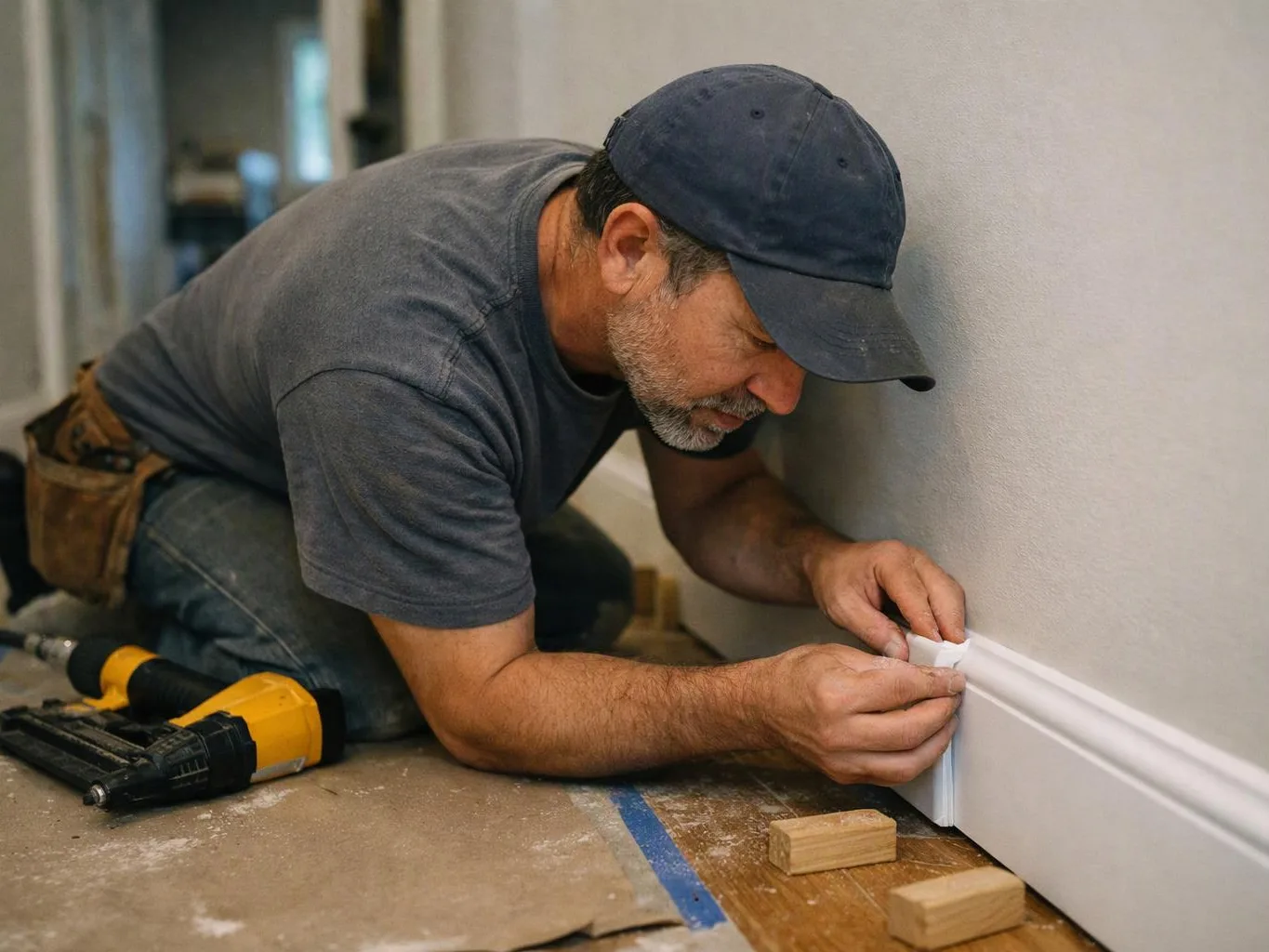 A man kneels on the floor, fitting white baseboard trim along a wall with a power tool nearby