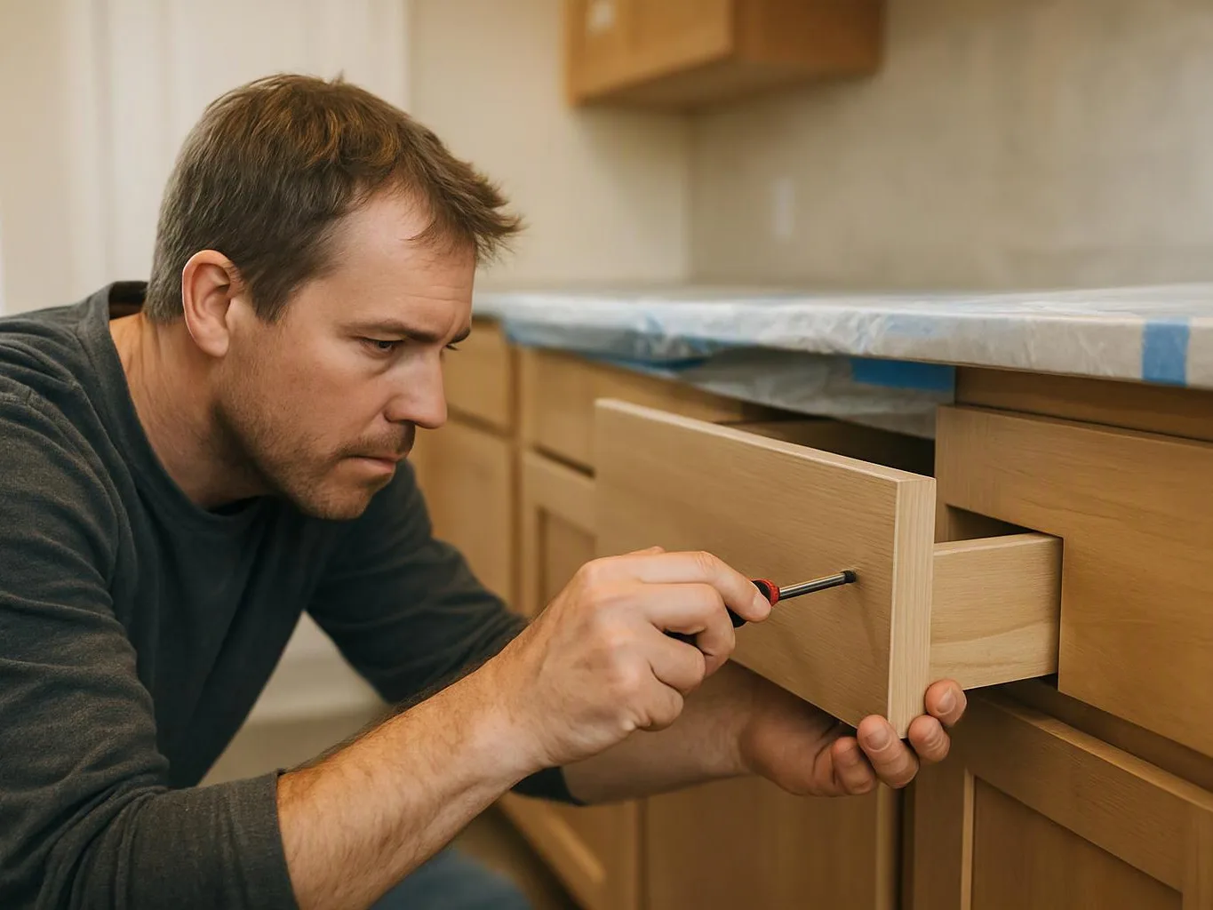 A man kneels in a kitchen and tightens a wooden drawer with a screwdriver