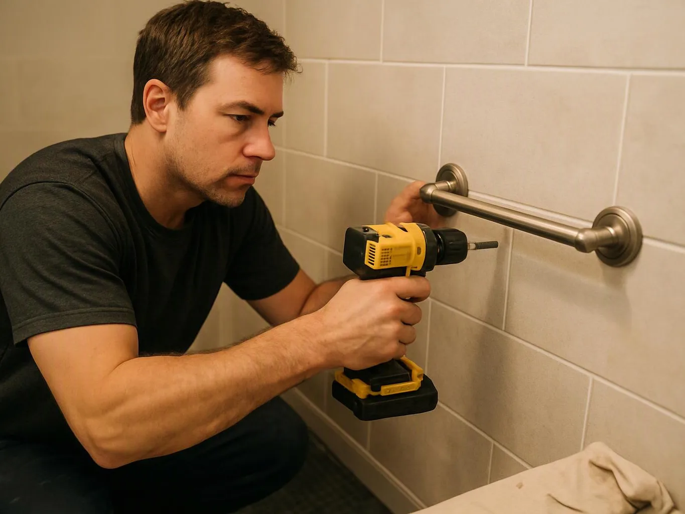 A man kneels in a tiled bathroom, using a yellow drill to work on a metal grab bar