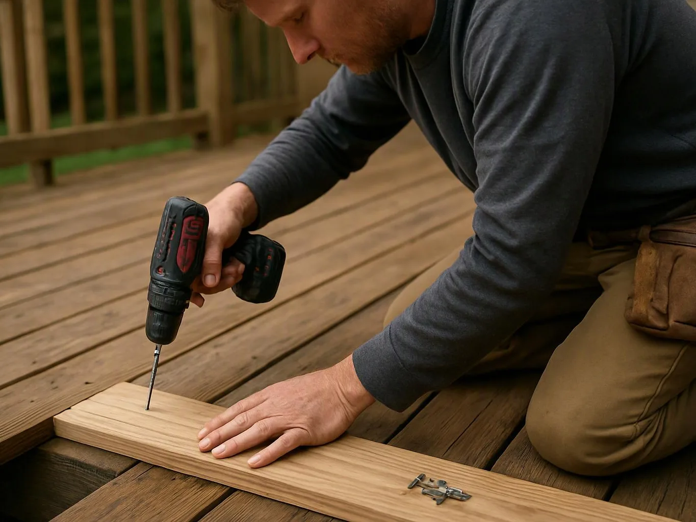 A man kneels on a wooden deck, drilling a screw into a plank with small screws beside him