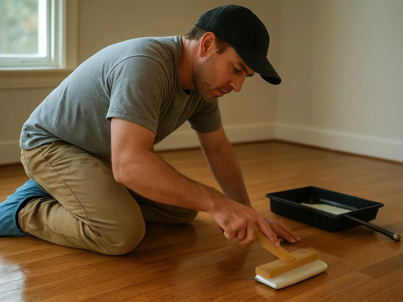A man kneels on a wooden floor, using a roller to press down a strip near a paint tray in an empty room