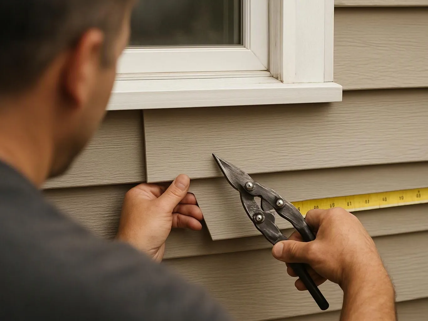 A man measures and cuts beige siding beneath a window on a house exterior