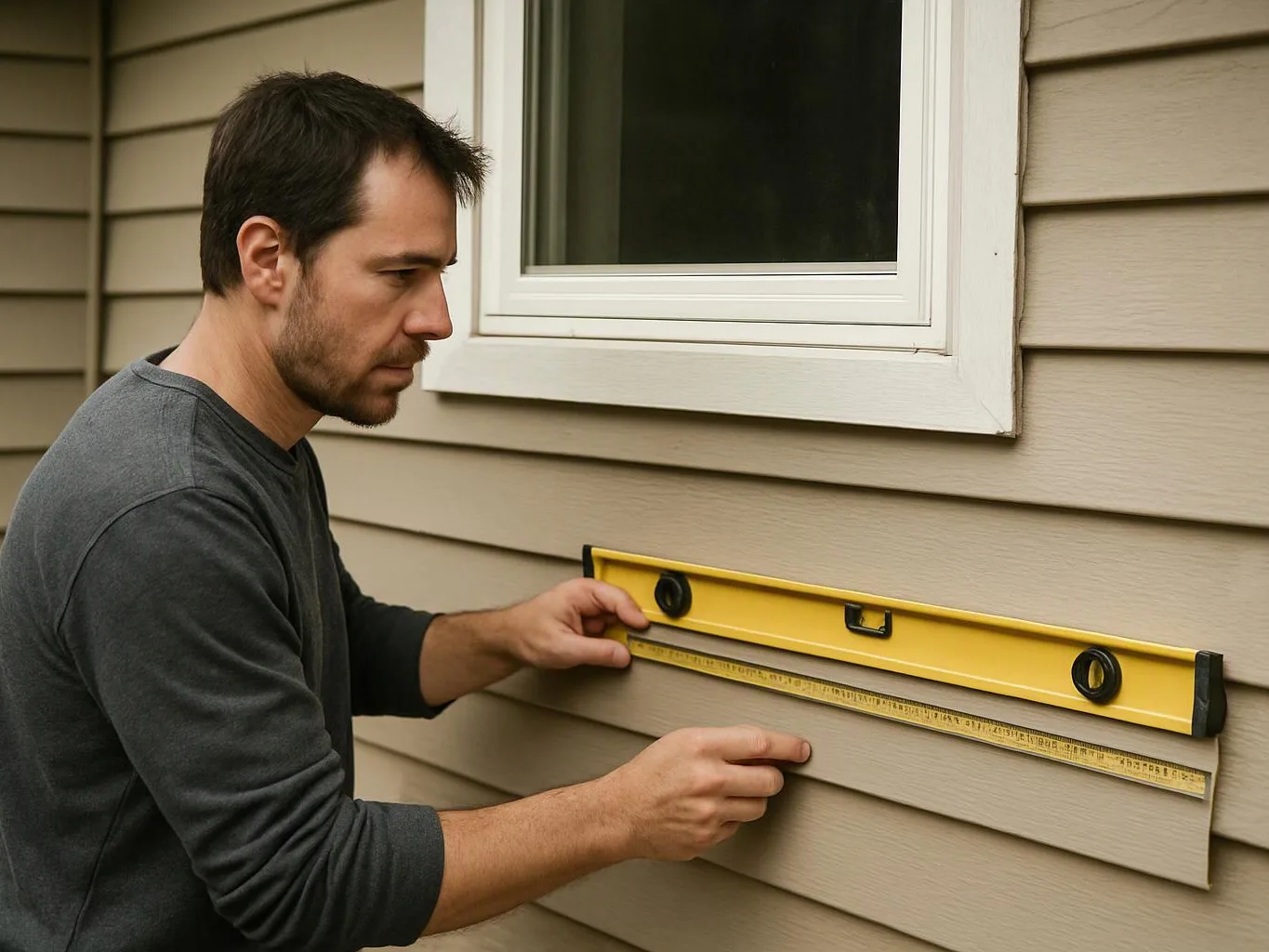 A man measures exterior siding with a level and ruler beside a window on a house