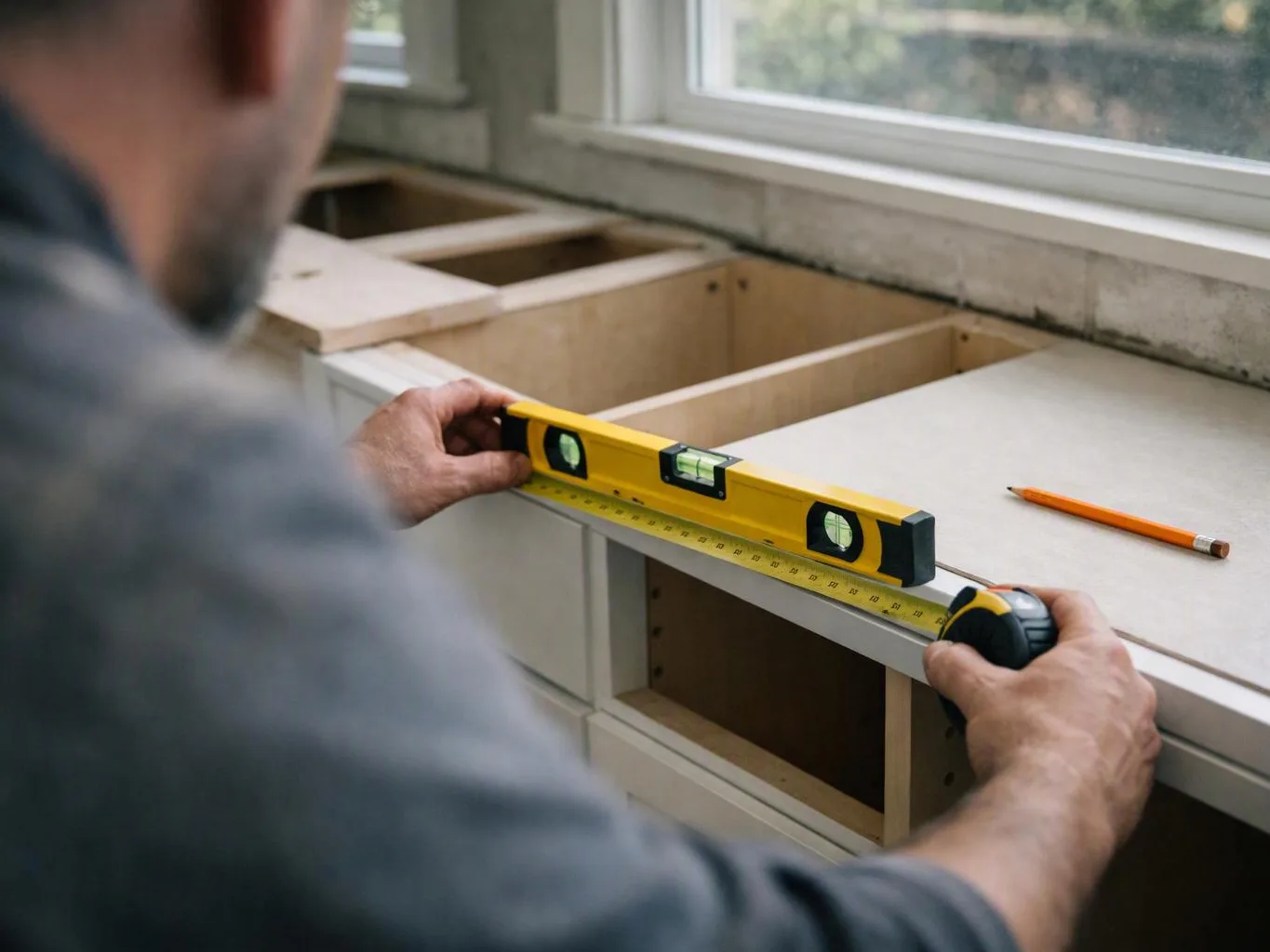 A man measures a kitchen countertop with a yellow level and tape measure beside open cabinet frames