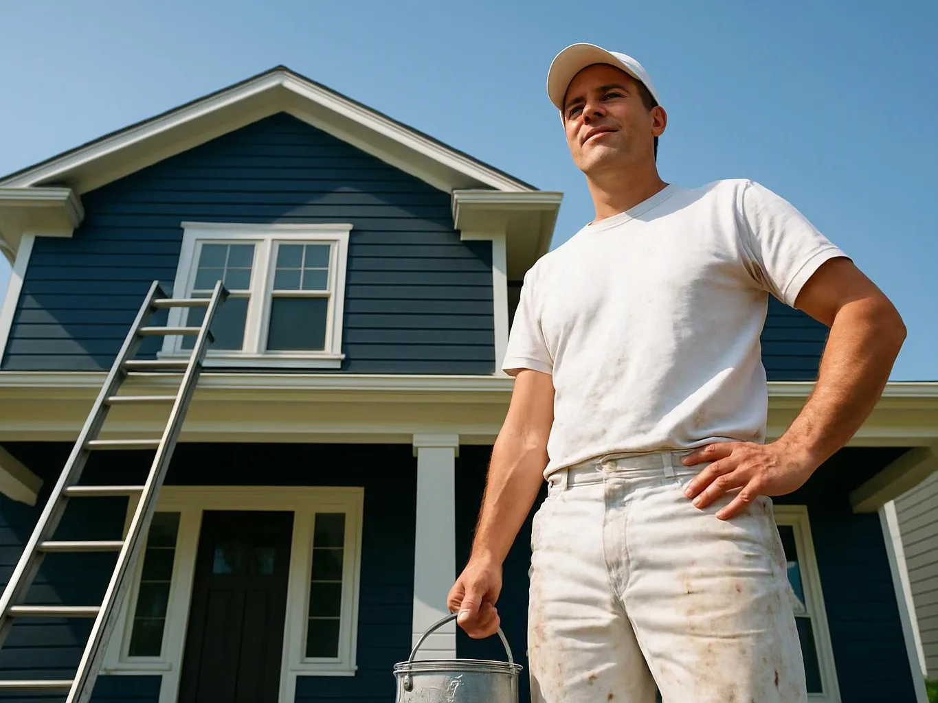A man in paint-stained clothes stands outside a blue house, holding a paint bucket beside a ladder