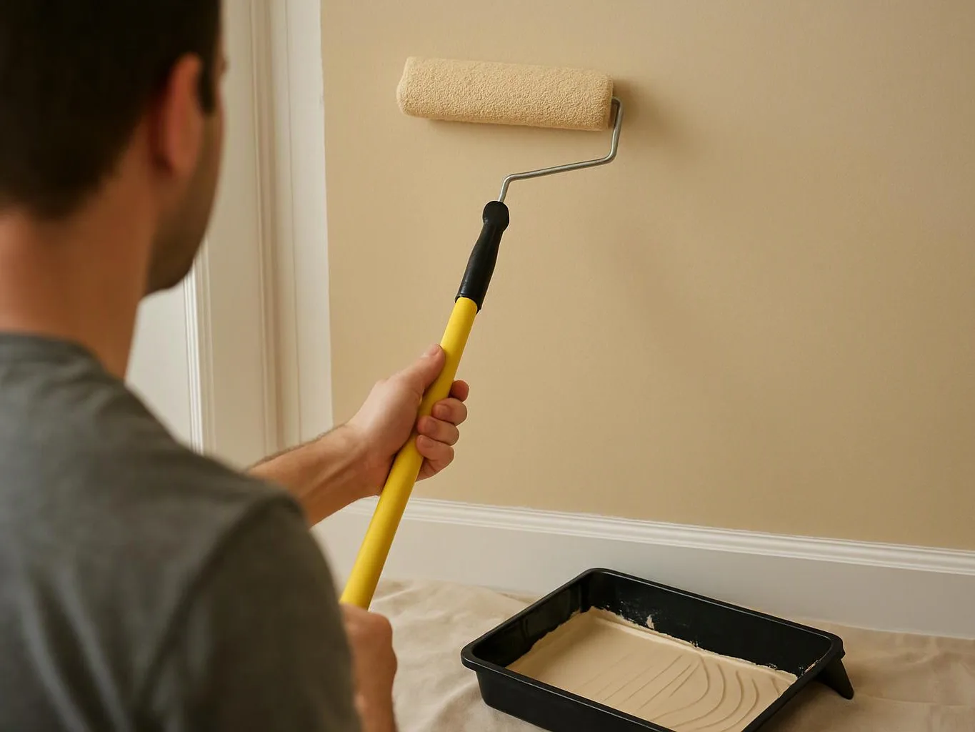 A man paints a beige wall with a roller beside a tray of paint in a room
