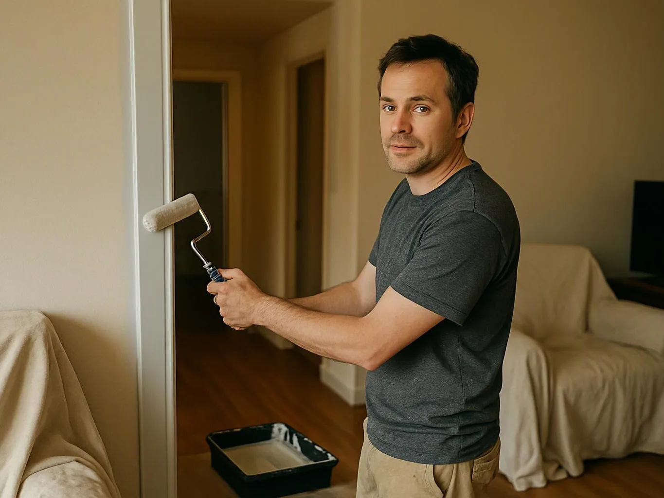 A man paints a doorway with a roller in a beige living room, with a paint tray on the floor
