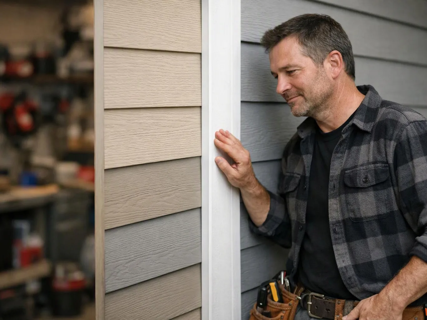 A man in a plaid shirt inspects house siding beside a white trim wall in a workshop setting