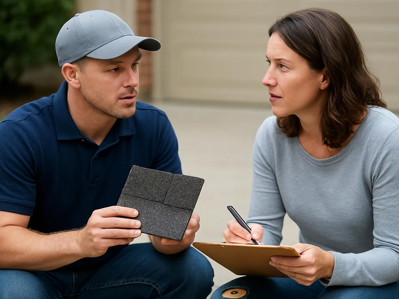 A man shows a black sample tile while a woman writes on a clipboard outdoors by a garage door