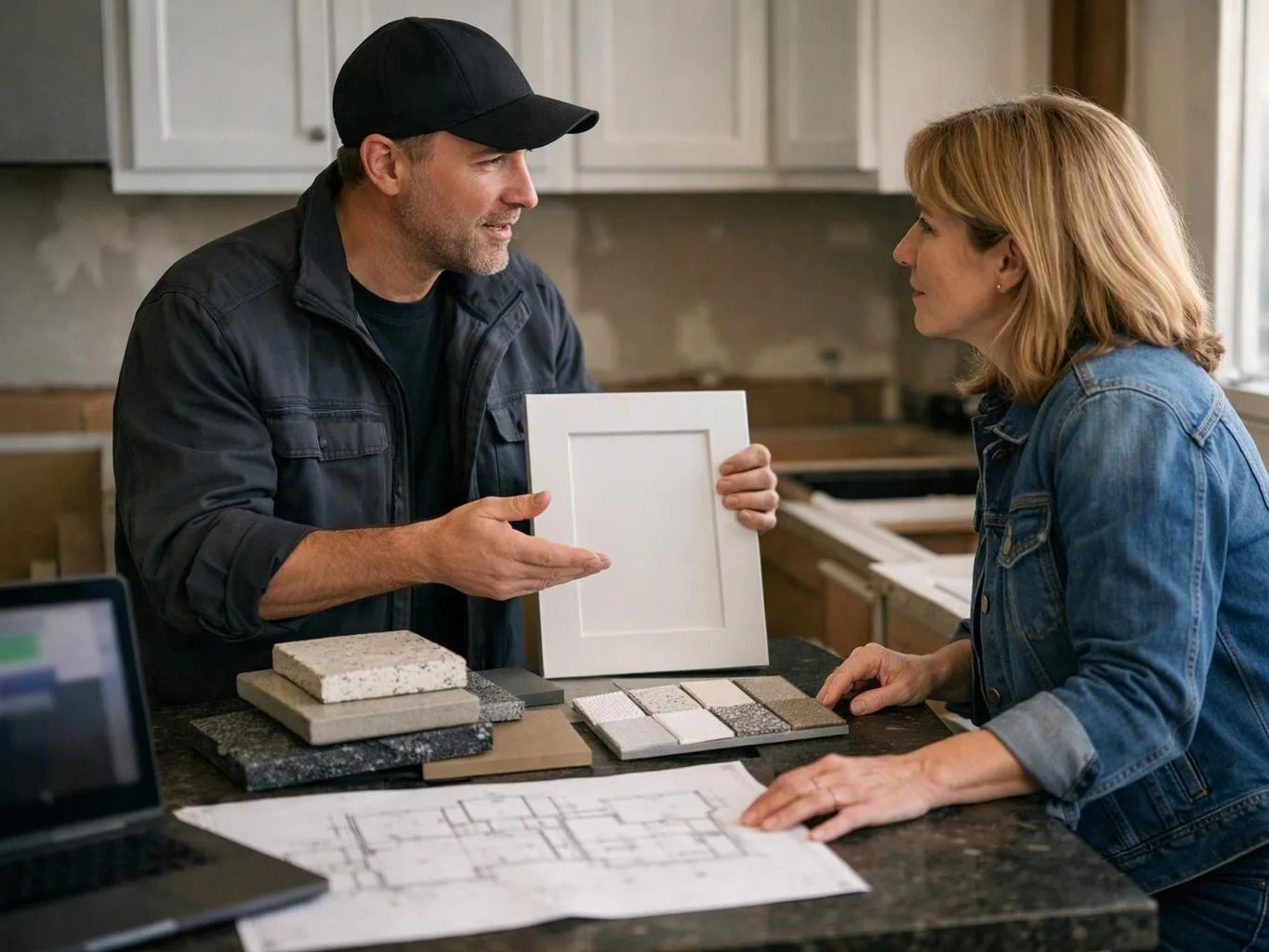 A man shows a cabinet door sample to a woman beside color swatches and floor plans in a kitchen workspace