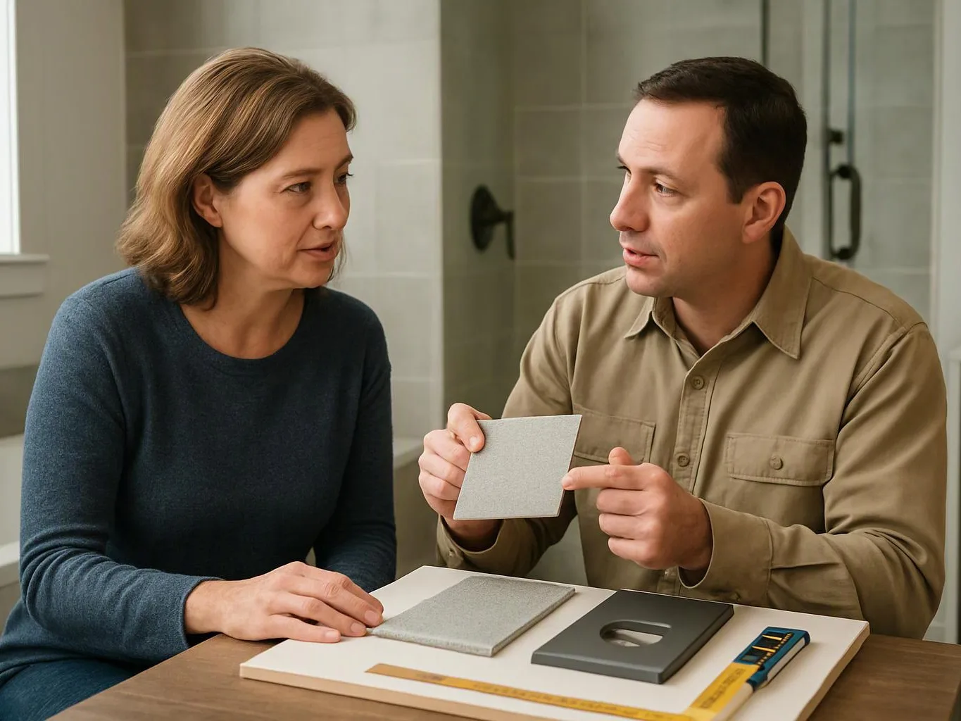 A man shows a gray tile sample to a woman at a table with material samples in a bright room