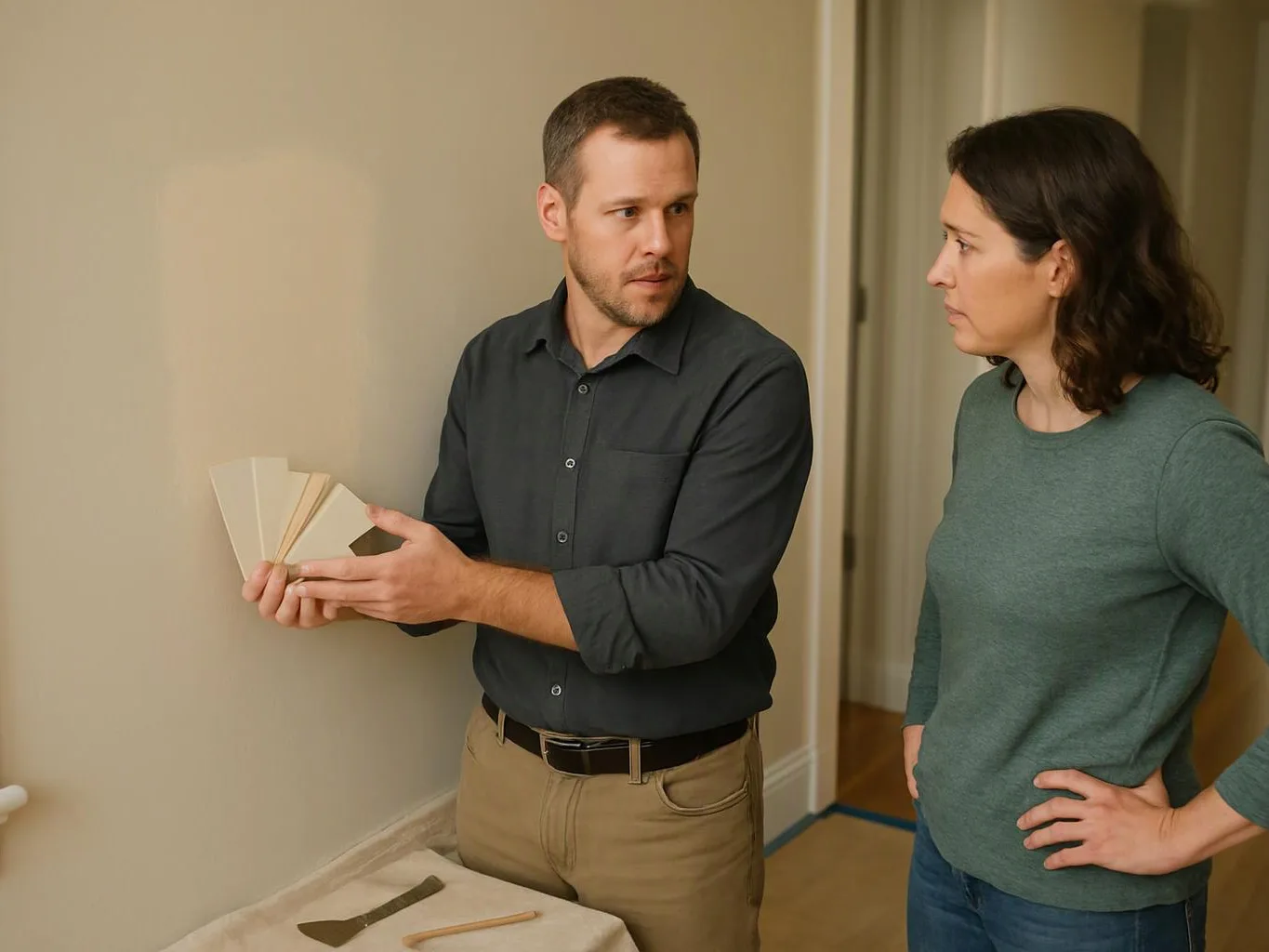 A man shows paint color swatches to a woman standing beside him in a room under renovation