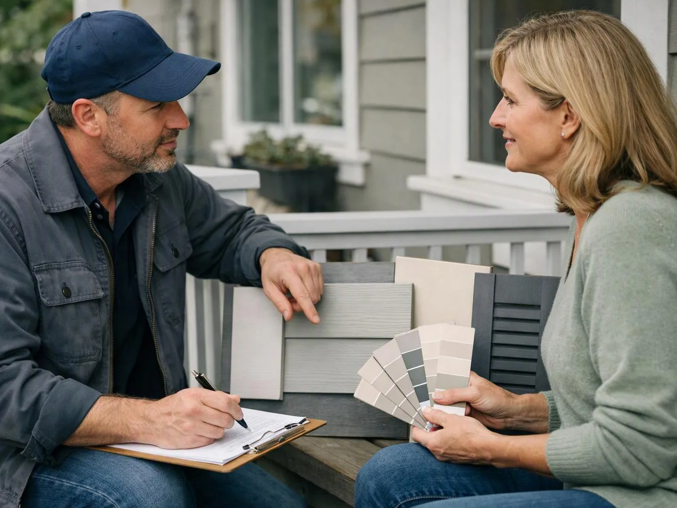 A man shows paint and siding samples to a woman on a porch while taking notes