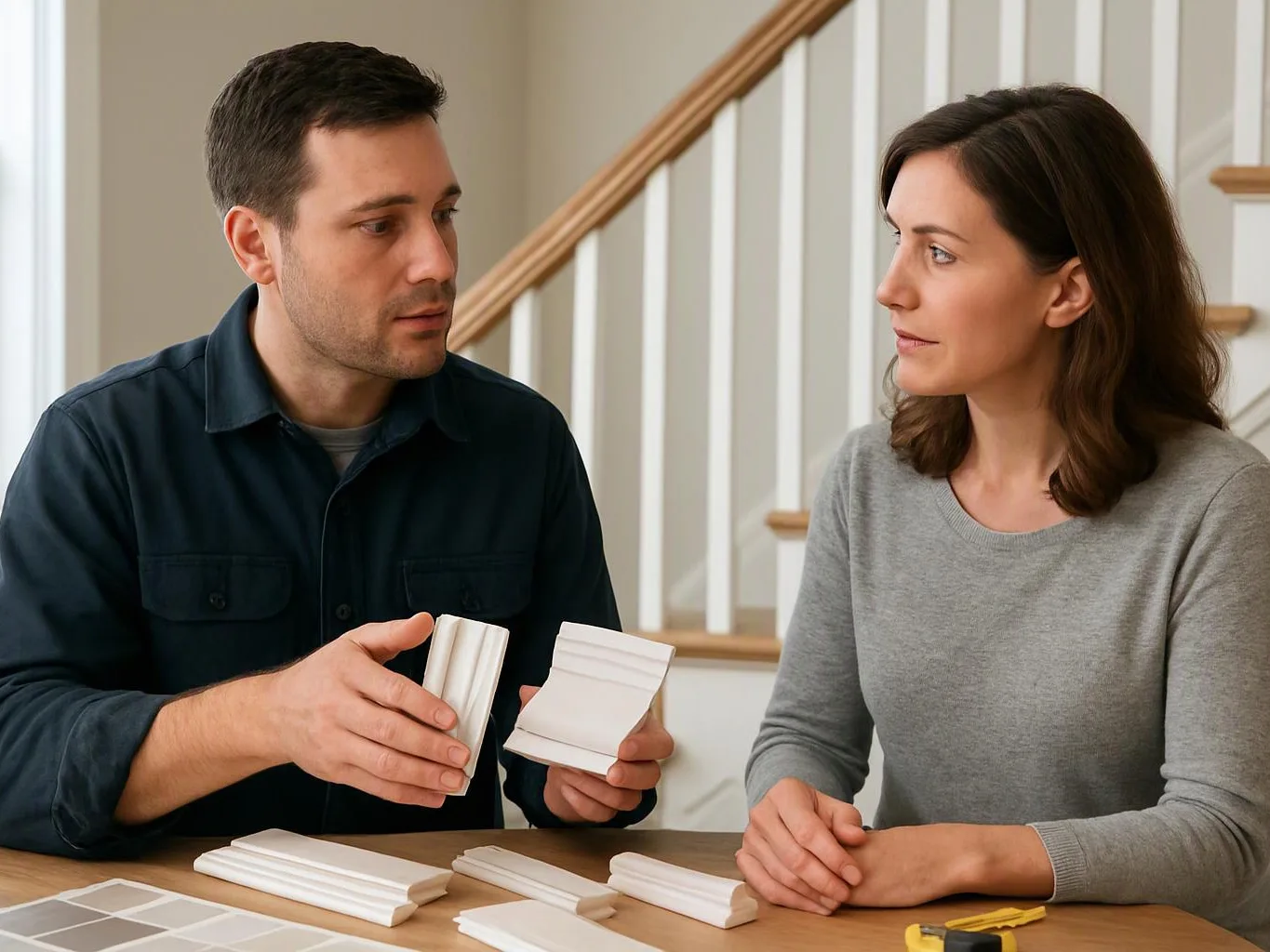 A man shows white trim samples to a woman at a table in a bright home interior